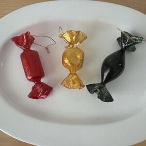 Vtg Lot‎ 3 Glass Wrapped Hard Candy Xmas Ornaments Red Green Gold Glitter
